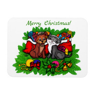 Íman Gatinho e filhote de cachorro, XMas feliz