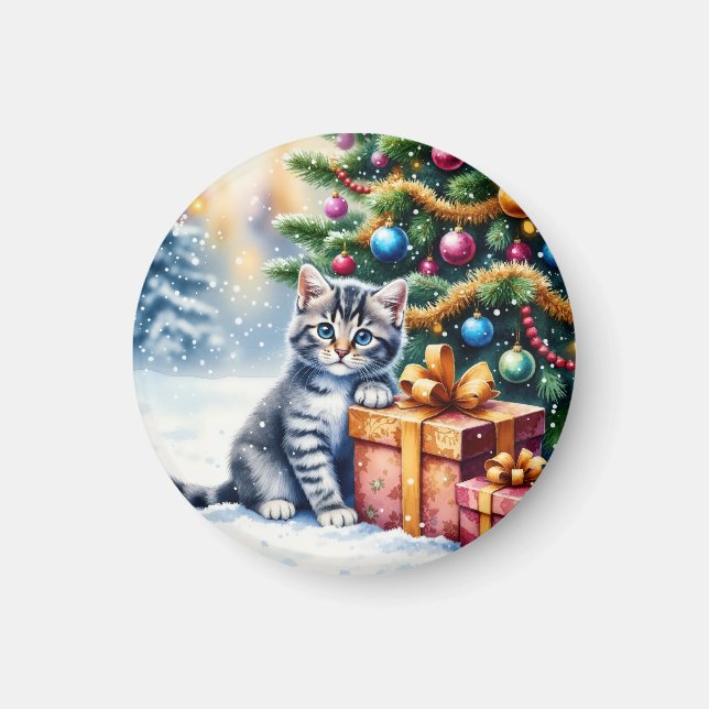 Íman Gatinho Fofo Sob a Árvore de Natal (Frente)