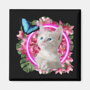 Íman Gatinho Gelado com borboleta azul em neon tropical