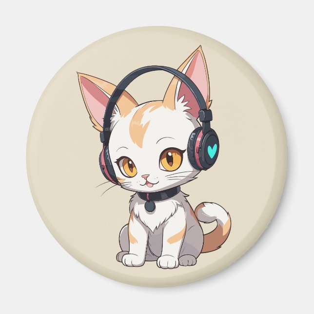 Íman Gatinho Kawaii em Fones de ouvido Rocking (Frente)