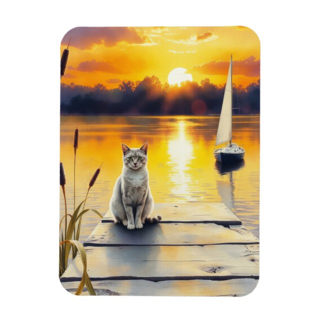 Íman gatinho no cais ao pôr do sol (Vertical)