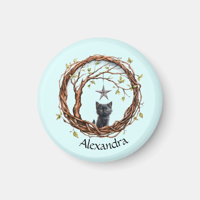 Íman Gatinho Preto Bonito Observando uma Estrela (Frente)