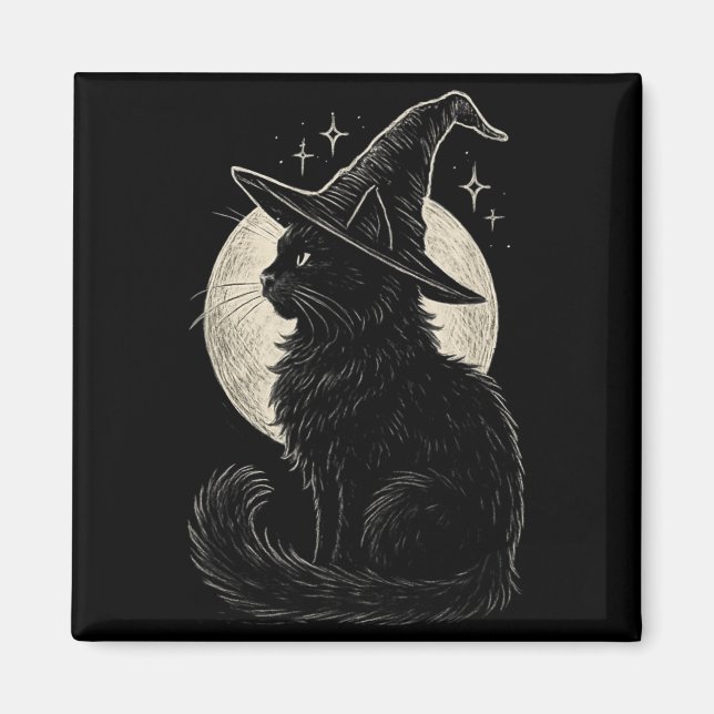 Íman Gatinho Preto Cute Chapéu de Bruxa Lua Retro Coque (Frente)