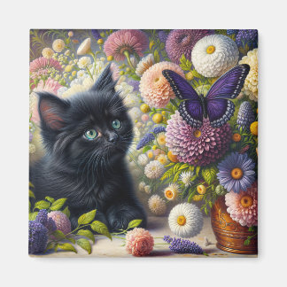 Íman Gatinho Preto Fofo e Floral Borboleta Roxa