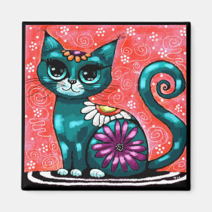 Íman Gatinho Whimsso Sentado em Rã Teal Floral