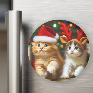 Íman Gatinhos bonitos com Papai Noel e chapéus de rena