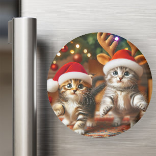 Íman Gatinhos bonitos com Papai Noel e chapéus de rena