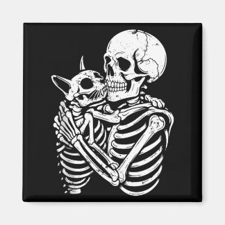 Íman Gato Abraçando Esqueleto Halloween Gato Engraçado 
