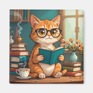 Íman Gato Adorável Usando Óculos Lendo um Livro