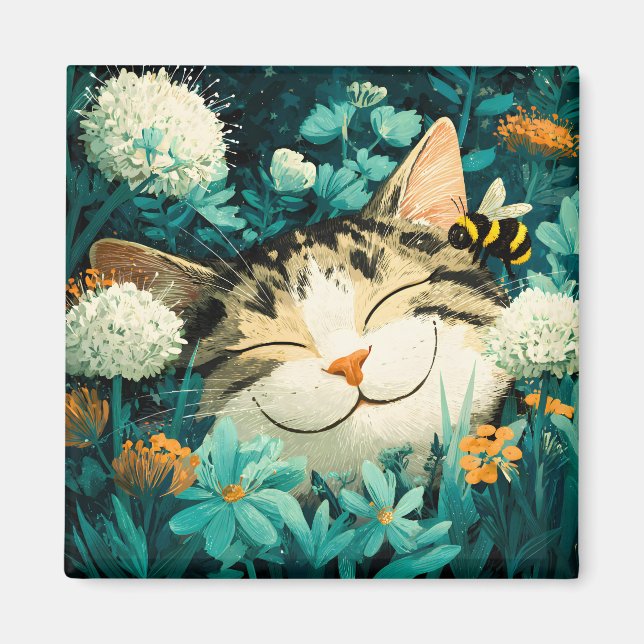 Íman Gato Adormecido em Jardim de Flores com Abelha em  (Frente)