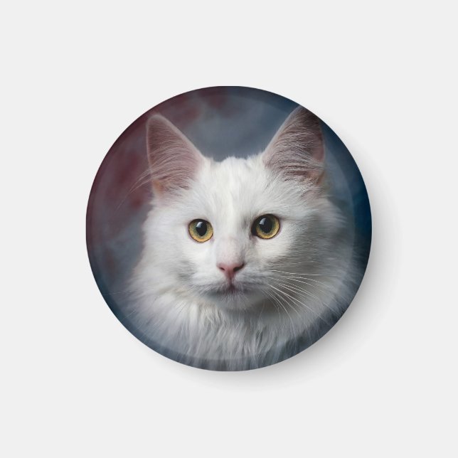 Íman Gato Angorá Turco Branco Azul Vermelho (Frente)