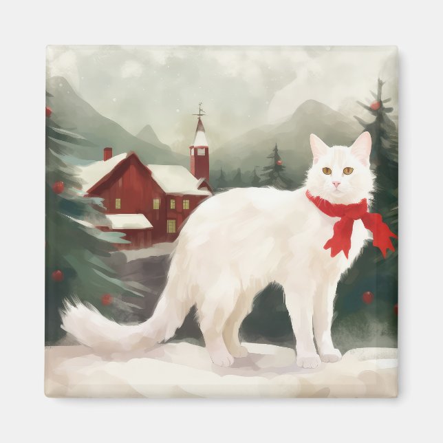 Íman Gato Angora Turco no Natal com Neve (Frente)