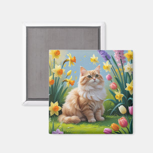 Íman Gato Angora Turco Pintura de Flores de Primavera