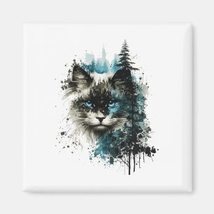 Íman Gato Azul Olhos Gatos Motif Art Forest Animal Cat