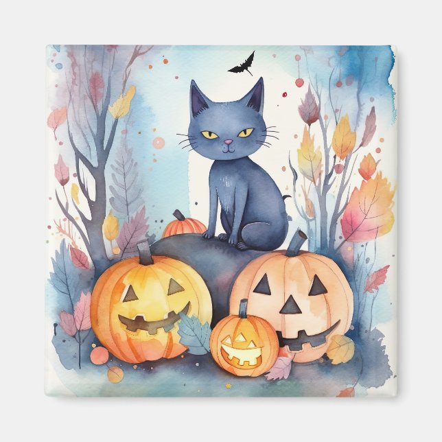 Íman Gato Azul Oriental do Halloween com Abóboras Assus (Frente)