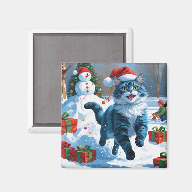 Íman Gato Azul Oriental Sentado na Neve com Chapéu de N (Front/Back)