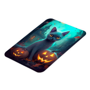 Íman Gato Azul Russo de Halloween com Abóboras Assustad