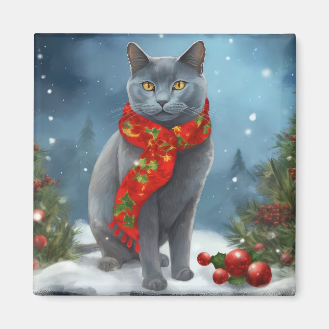 Íman Gato Azul russo no Natal da neve (Frente)
