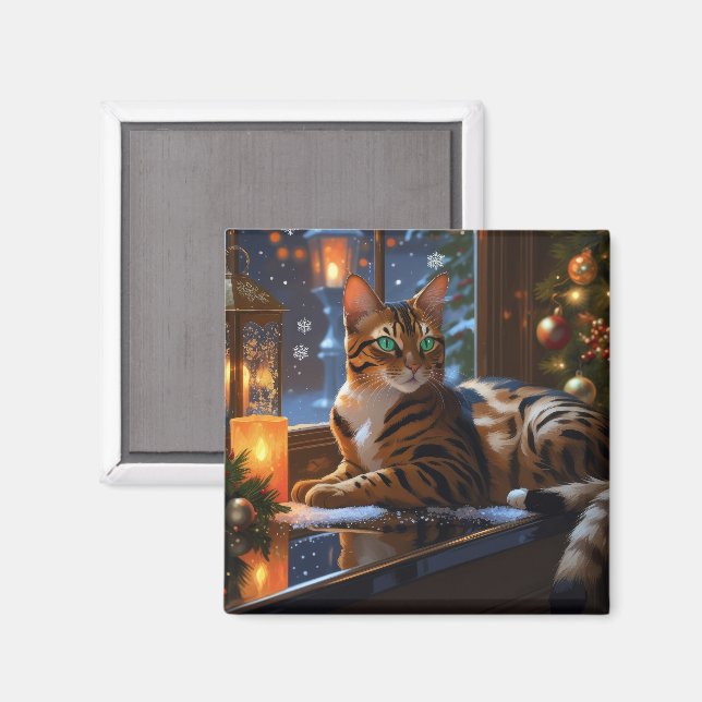 Íman Gato Bengal com Luzes de Natal Feriado (Front/Back)