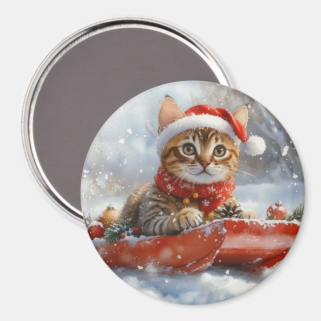 Íman Gato Bengal em Trenó Deixe Nevar Natal (Front/Back)
