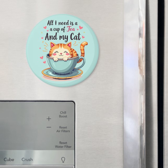 Íman Gato bonito em Teacup Kawaii Cozy Art (In Situ (Fridge))