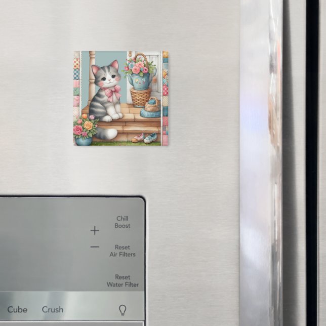 Íman Gato bonito na varanda com flores e ímã de retalho (In Situ (Fridge))