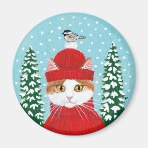 Íman Gato bonito, neve do inverno do Natal do pássaro