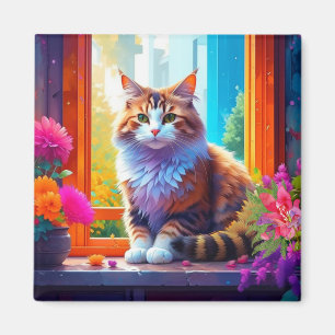 Íman Gato Bonito Sentado na Janela da Cidade Arte Ai