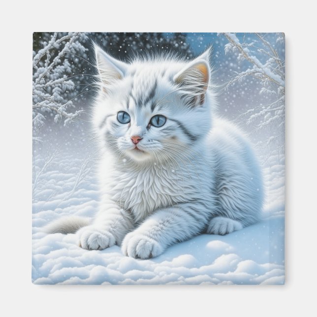 Íman Gato Branco Bonito Brincando na Neve (Frente)