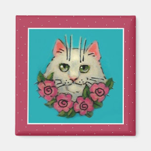 Íman Gato branco bonito, ímã cor-de-rosa dos rosas