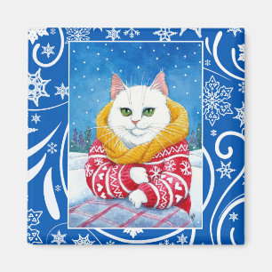 Íman Gato branco bonito, natureza do inverno do Natal