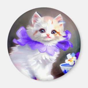 Íman Gato branco com pintura de colarinho de flores rox