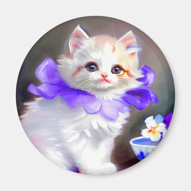 Íman Gato branco com pintura de colarinho de flores rox (Frente)