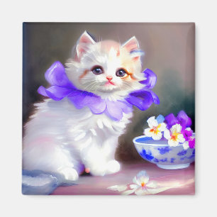 Íman Gato branco com pintura de colarinho de flores rox