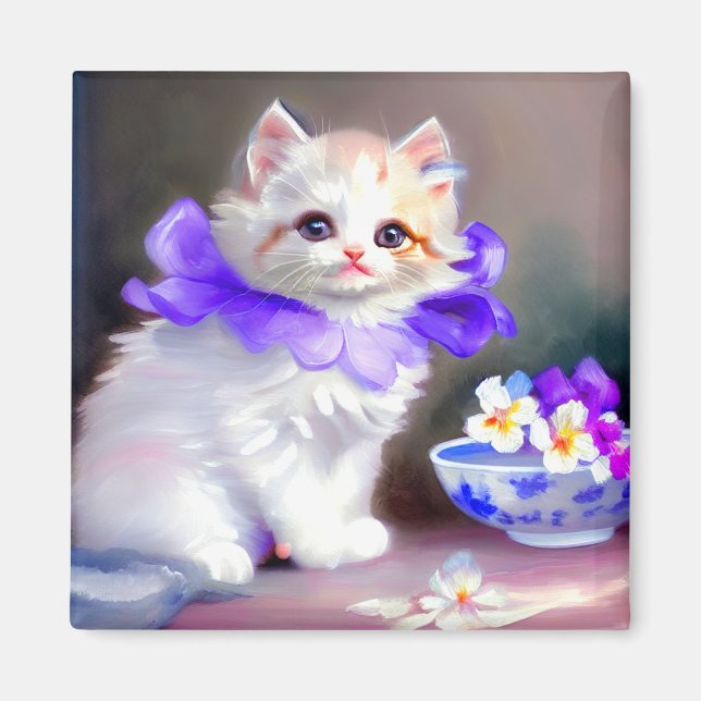 Íman Gato branco com pintura de colarinho de flores rox (Frente)