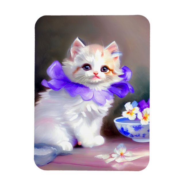 Íman Gato branco com pintura de colarinho de flores rox (Vertical)