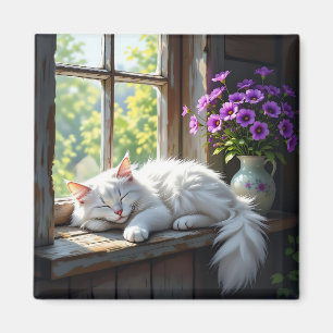 Íman Gato Branco Dormindo e Flores Roxas 