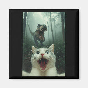 Íman Gato Branco Engraçado Selfie Com T-rex Dinossauro,