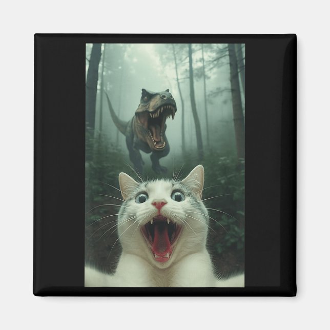 Íman Gato Branco Engraçado Selfie Com T-rex Dinossauro, (Frente)