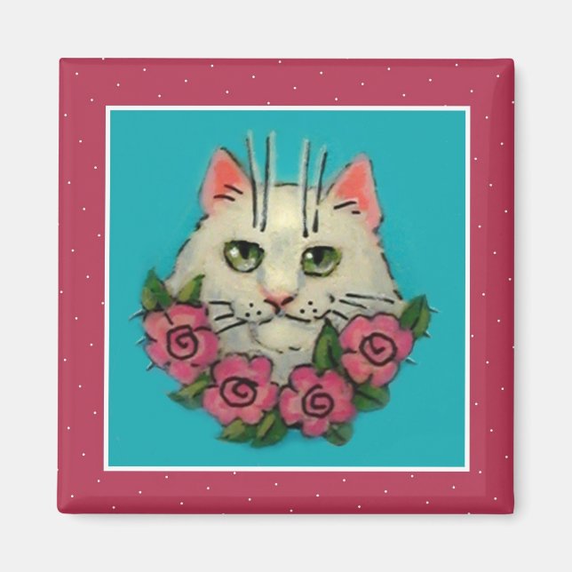 Íman Gato branco, magneta rosa, rosas (Frente)