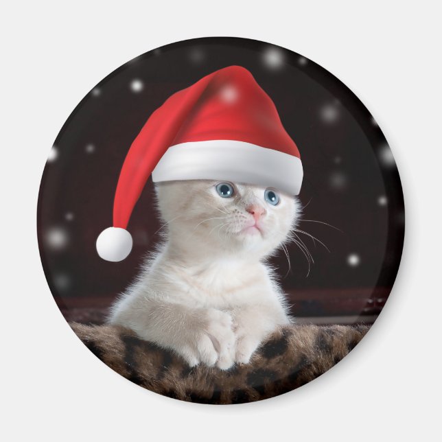 Íman Gato Branco no Chapéu do Papai Noel (Frente)