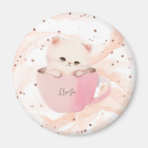 Íman Gato branco-rosado em uma taça de chá