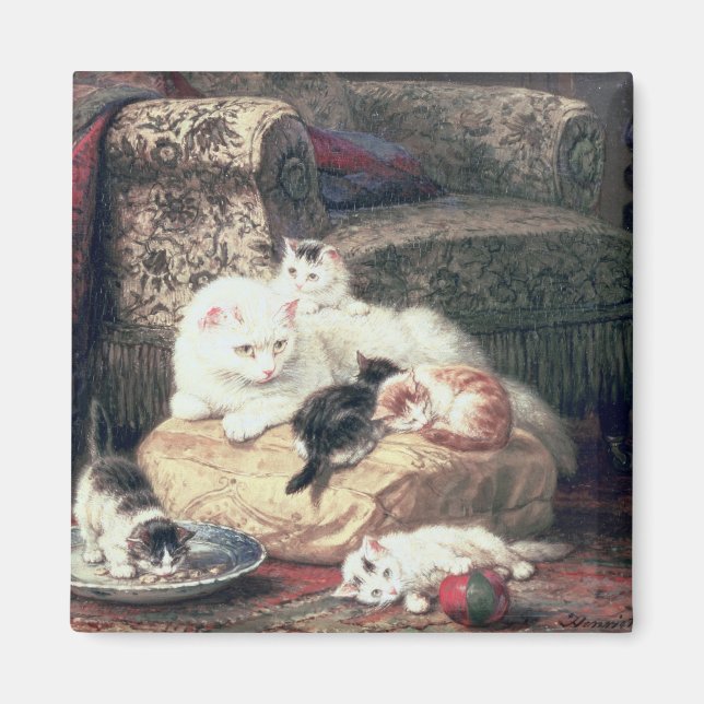 Íman Gato com seus gatinhos em uma almofada (Frente)