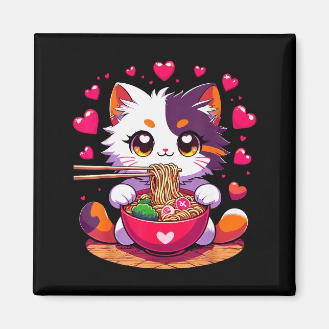 Íman Gato de Anime Comendo Macarrão com Corações Valent (Frente)