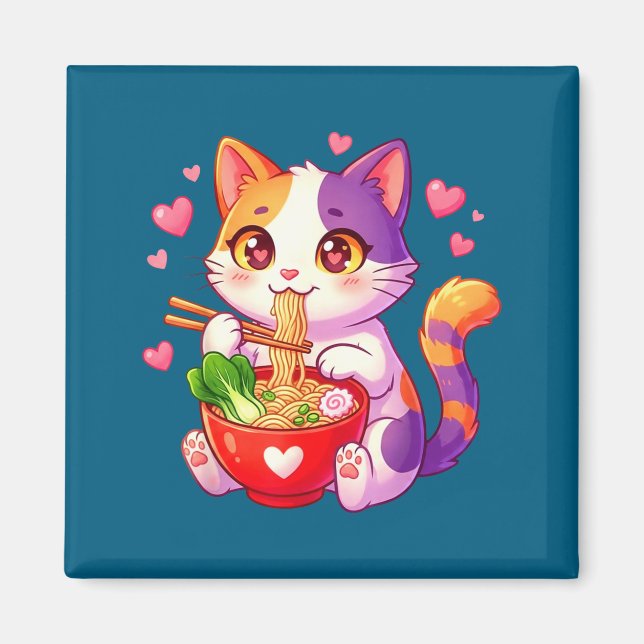 Íman Gato de Anime Comendo Macarrão Ramen Com Corações  (Frente)