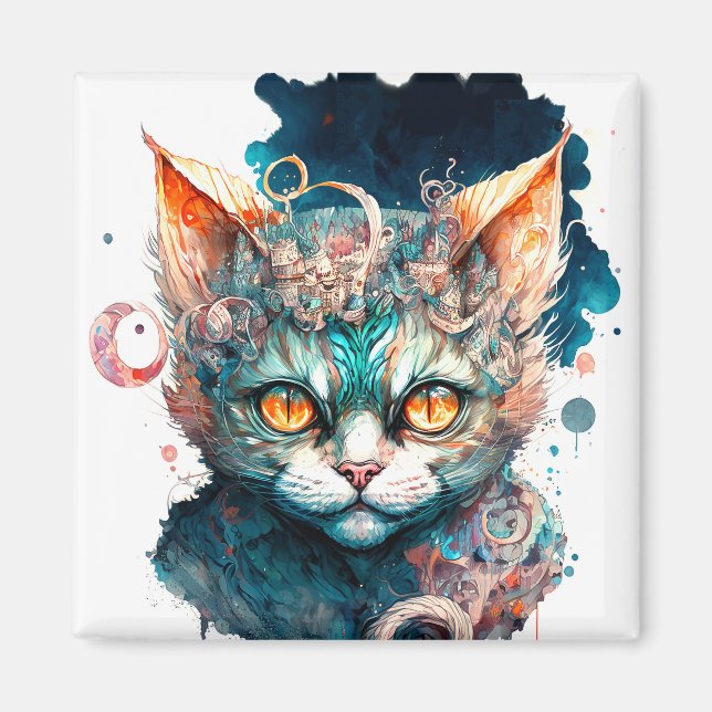 Íman Gato de aquarela no estilo steampunk (Frente)