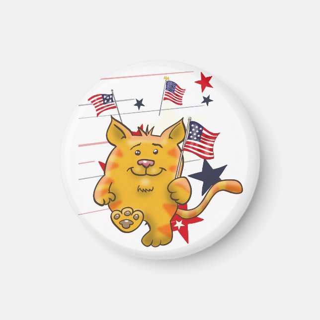 Íman Gato de Cartoon com Bandeira Americana (Frente)