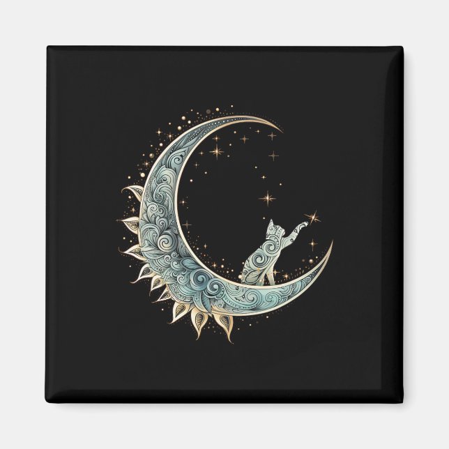 Íman Gato De Estética Mística Sentado Em Lua Crescente  (Frente)