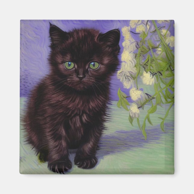 Íman Gato de estilo Van Gogh com Flores Brancas (Frente)