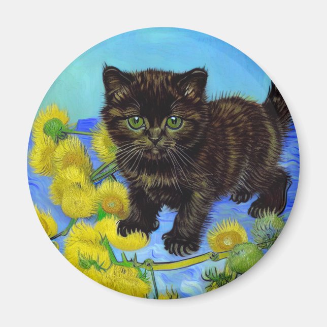 Íman Gato de estilo Van Gogh com Sunflower (Frente)